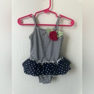Little Me Navy and White Swimsuit with Green and Pink Accents